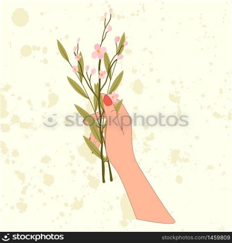Hand hold bouquet with pink cherry blossom and branch of olive leaf in flat style. Vector decorative flowers.. Hand hold bouquet with pink cherry blossom and branch of olive leaf