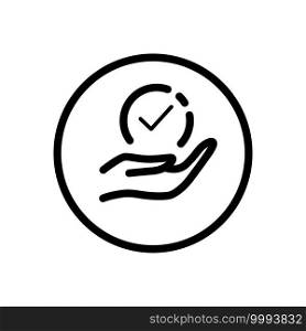 Hand hold check mark. Commerce outline icon in a circle. Isolated vector illustration
