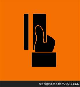 Hand Hold Crdit Card Icon. Black on Orange Background. Vector Illustration.