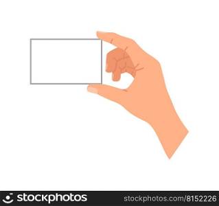 Hand hold credit or business card. Arm with blank paper card. Give and take. Icon for photo, showing, presentation, document and identity. Cartoon vector illustration.