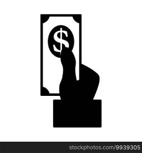 Hand Hold Dollar Banknote Icon. Black Glyph Design. Vector Illustration.