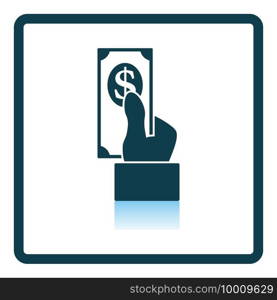 Hand Hold Dollar Banknote Icon. Square Shadow Reflection Design. Vector Illustration.