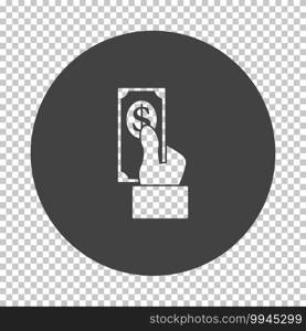 Hand Hold Dollar Banknote Icon. Subtract Stencil Design on Tranparency Grid. Vector Illustration.