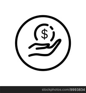 Hand hold dollar coin. Commerce outline icon in a circle. Isolated vector illustration