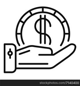 Hand hold dollar coin icon. Outline hand hold dollar coin vector icon for web design isolated on white background. Hand hold dollar coin icon, outline style
