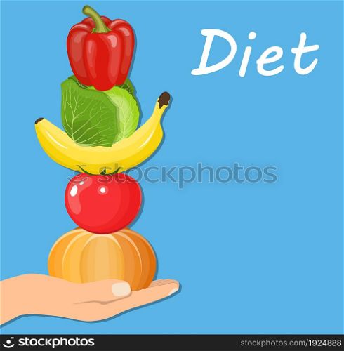 hand hold fruits and vegetables. Healthy diet concept. Vector illustration in flat style. hand hold fruits and vegetables.
