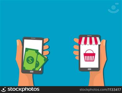 hand hold mobile application online shop pay button shopping icon concept flat