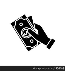 Hand hold money black glyph icon. Cash for client. Business revenue. Employee salary. Bank benefit. Charge cash. Handout dollar. Silhouette symbol on white space. Vector isolated illustration. Hand hold money black glyph icon