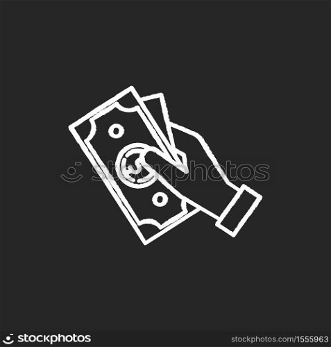 Hand hold money chalk white icon on black background. Cash for client. Business revenue. Employee salary. Bank benefit. Charge cash. Handout dollar. Isolated vector chalkboard illustration. Hand hold money chalk white icon on black background