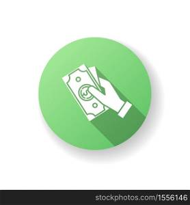 Hand hold money green flat design long shadow glyph icon. Cash for client. Business revenue. Charge cash. Handout dollar. Arm with payout. Corruption and bribery. Silhouette RGB color illustration. Hand hold money green flat design long shadow glyph icon