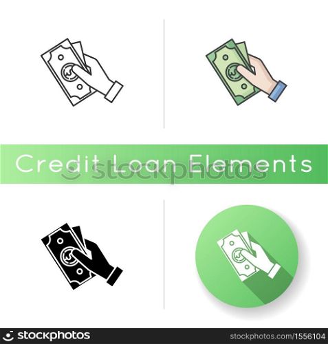 Hand hold money icon. Cash for client. Business revenue. Employee salary. Bank benefit. Arm with payout. Corruption and bribery. Linear black and RGB color styles. Isolated vector illustrations. Hand hold money icon