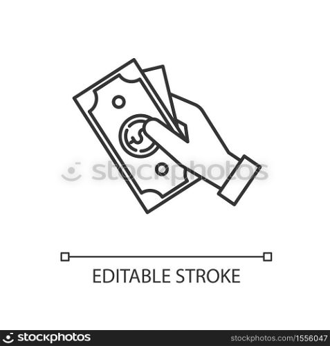 Hand hold money linear icon. Cash for client. Business revenue. Employee salary. Bank benefit. Thin line customizable illustration. Contour symbol. Vector isolated outline drawing. Editable stroke. Hand hold money linear icon