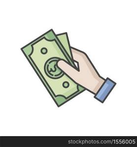 Hand hold money RGB color icon. Cash for client. Business revenue. Employee salary. Bank benefit. Charge cash. Handout dollar. Arm with payout. Corruption and bribery. Isolated vector illustration. Hand hold money RGB color icon