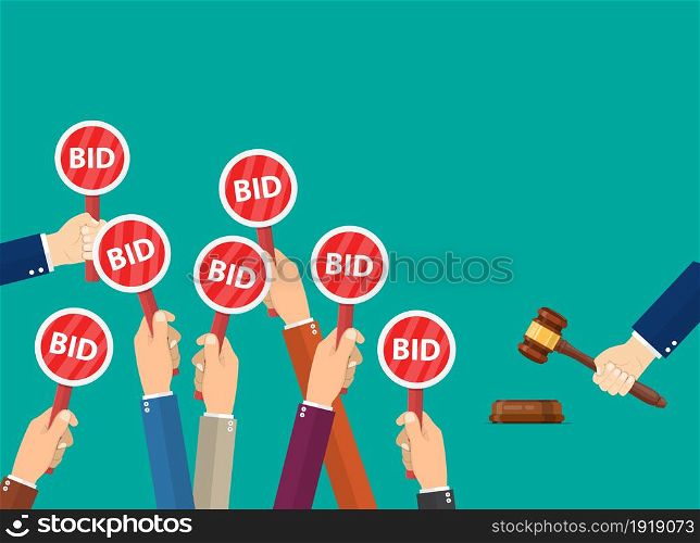 Hand hold paddle with BID. Auction meeting. Business bidding process concept.Template for open trade. Many offers good prices.. Hand hold paddle with BID.