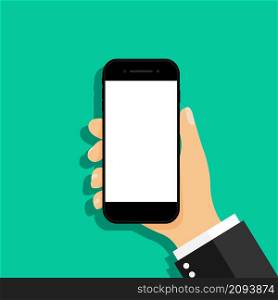 Hand hold phone. Hand holding smartphone with emtpy screen. Flat mockup for showing, business, application, social media and website. Smart phone isolated. Vector.