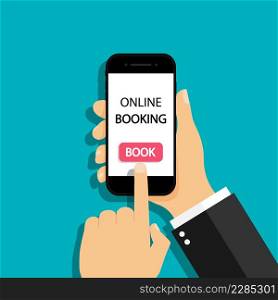 Hand hold phone with online book of hotel. Booking of hotel, ticket and flight. Smartphone with application for online booking. Icon for business, marketing and service of rent. Vector.