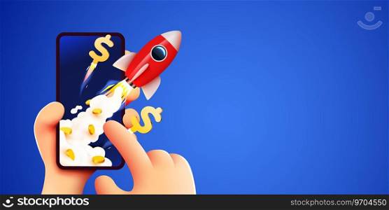 Hand hold smartphone with launching rocket, dollar signs and coins. Startup and online trading concept. Vector illustration. Hand hold smartphone with launching rocket, dollar signs and coins. Startup and online trading concept.