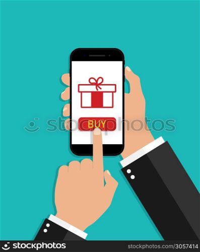 Hand hold smartphone with online gift. Christmas shopping in phone. Surprise icon in mobile digital screen. App with button in internet. Gift box for marketing in holiday. Banner for discount. Vector.. Hand hold smartphone with online gift. Christmas shopping in phone. Surprise icon in mobile digital screen. App with button in internet. Gift box for marketing in holiday. Banner for discount. Vector