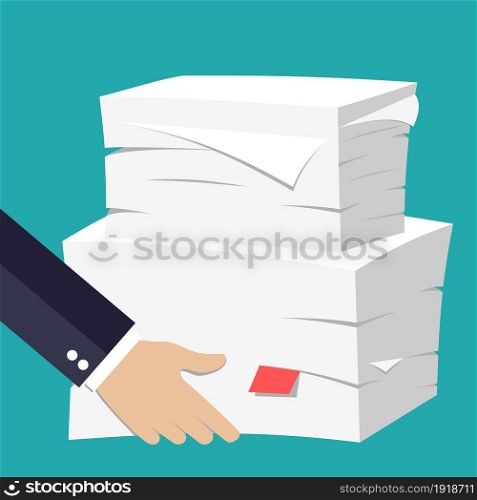 hand hold Stack of papers. Office and emailing. Daily routine. Paperwork. Vector illustration in flat style. hand hold Stack of papers