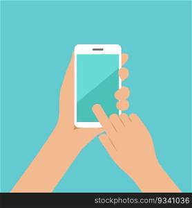Hand hold the smartphone. Mobile phone finger touch screen, icon flat design
