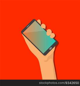 Hand hold the smartphone. Mobile phone finger touch screen, icon flat design
