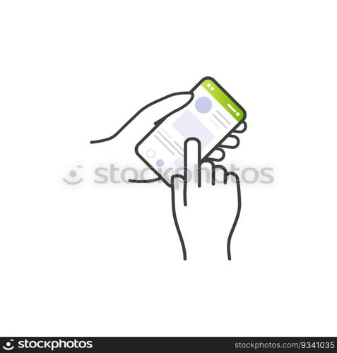 Hand hold the smartphone. Mobile phone touch screen in hand, icon flat design