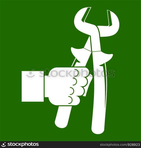 Hand holdimg calipers icon white isolated on green background. Vector illustration. Hand holdimg calipers icon green
