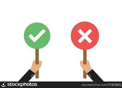Hand holdinding check mark and cross signs isolated vector on white background. Checkmark right symbol tick sign. Modern flat vector illustration. EPS 10. Hand holdinding check mark and cross signs isolated vector on white background. Checkmark right symbol tick sign. Modern flat vector illustration.