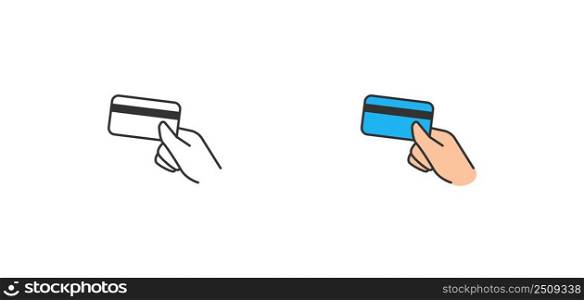 Hand holding a bank card black line and flat icon. Credit card. Outline simple vector isolated illustration.