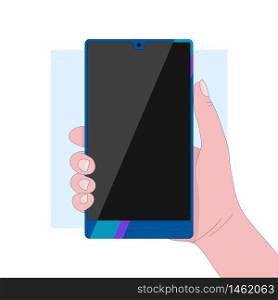 Hand holding a blue glossy smartphone. Modern gadgets. Linear flat vector illustration