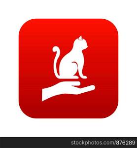 Hand holding a cat icon digital red for any design isolated on white vector illustration. Hand holding a cat icon digital red