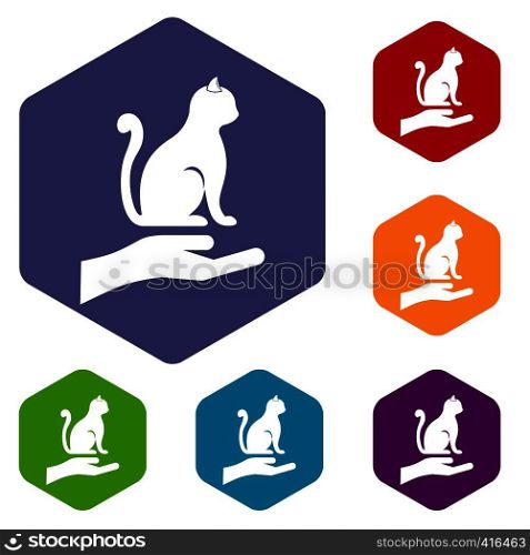 Hand holding a cat icons set rhombus in different colors isolated on white background. Hand holding a cat icons set