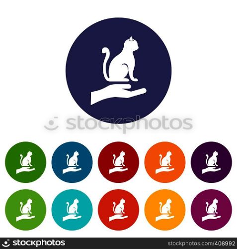 Hand holding a cat set icons in different colors isolated on white background. Hand holding a cat set icons