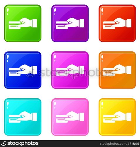 Hand holding a credit card icons of 9 color set isolated vector illustration. Hand holding a credit card icons 9 set