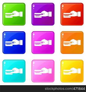 Hand holding a credit card icons of 9 color set isolated vector illustration. Hand holding a credit card icons 9 set