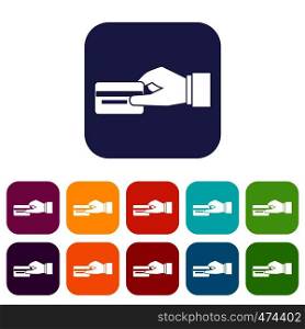 Hand holding a credit card icons set vector illustration in flat style In colors red, blue, green and other. Hand holding a credit card icons set