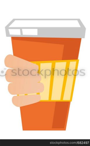 Hand holding a disposable paper take-out coffee cup with cover and holder vector cartoon illustration isolated on white background.. Hand holding a disposable coffee cup with cover.