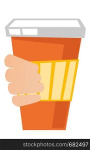 Hand holding a disposable paper take-out coffee cup with cover and holder vector cartoon illustration isolated on white background.. Hand holding a disposable coffee cup with cover.