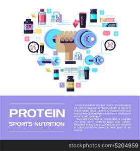 Hand holding a dumbbell. Set of design elements that are arranged in the shape of a heart. Protein, sports nutrition, water, shaker, dumbbell, energy drinks.