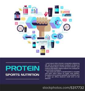 Hand holding a dumbbell. Set of design elements that are arranged in the shape of a heart. Protein, sports nutrition, water, shaker, dumbbell, energy drinks