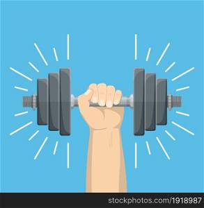 Hand holding a dumbbell. Sport equipment, weight lifting, exercise, strength and gym concept.. Hand holding a dumbbell.