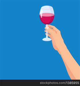 Hand holding a glass of red wine. Template vector illustration. Hand holding a glass of red wine. Template vector illustration isolated cartoon poster style banner