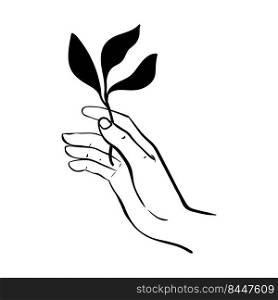 Hand holding a leaf icon as a symbol of product, cosmetics and food ecology.