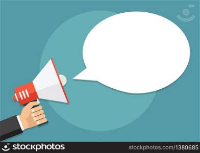 Hand holding a megaphone, flat design, promotion, social media marketing concept. Isolated on a background. Vector, eps10, illustration. Vector, eps10, illustration. Hand holding a megaphone, flat design, promotion, social media marketing concept. Isolated on a background.