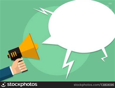 Hand holding a megaphone, flat design, promotion, social media marketing concept. Isolated on a background. Vector, eps10, illustration. Vector, eps10, illustration. Hand holding a megaphone, flat design, promotion, social media marketing concept. Isolated on a background.