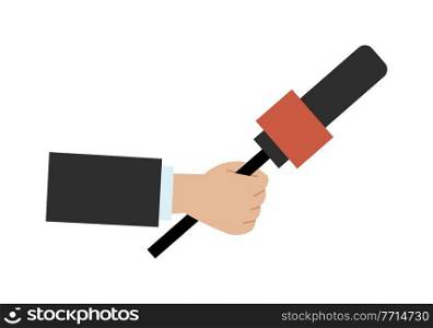 Hand holding a microphone vector illustration. Correspondent interviews with special equipment. Man holds a device for recording a human voice. Journalist hold microphone isolated on white background. Hand holding a microphone vector illustration. Correspondent interviews with special equipment