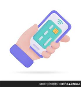 Hand holding a phone. online payment by credit card cashless society Scan QR code to pay online. 3D illustration.