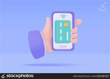 Hand holding a phone. online payment by credit card cashless society Scan QR code to pay online. 3D illustration.
