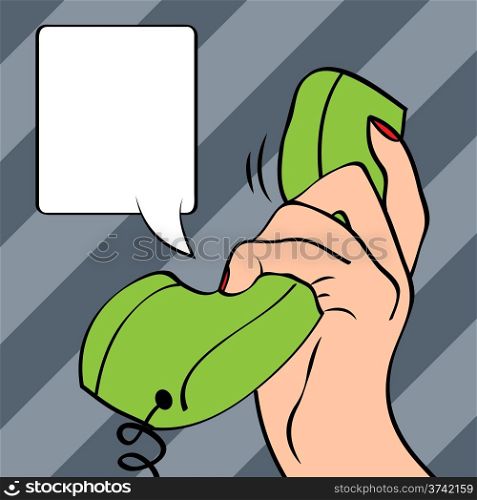 Hand holding a phone, pop art illustration in vector format