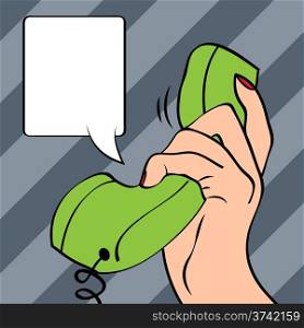 Hand holding a phone, pop art illustration in vector format